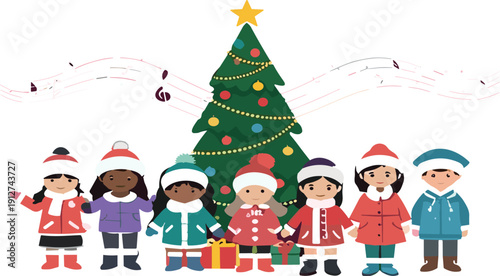 Happy children celebrating Christmas around decorated tree festive winter holiday vector illustration scene
