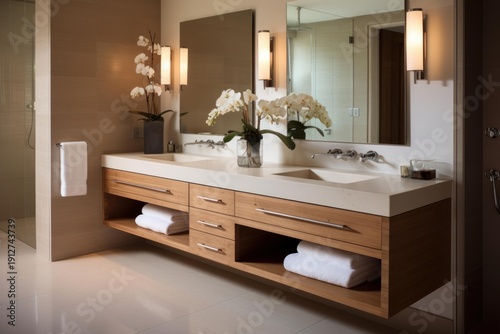 Wallpaper Mural Contemporary bathroom with a wooden floating double vanity, white sinks, and orchid decorations Torontodigital.ca