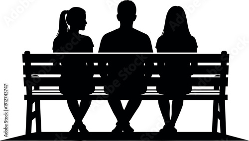 Silhouette of a father sitting on a park bench with his two daughters in a minimalist flat vector style illustration.