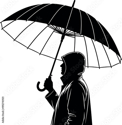 Silhouette of a Man in a Hooded Raincoat Holding a Large Umbrella During a Stormy Day for Weather Protection Concepts