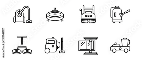 Cleaning equipment line icons set