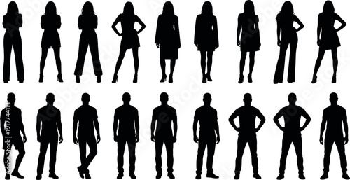 Silhouette of diverse men and women standing in professional fashion poses isolated on white background for lifestyle and business design