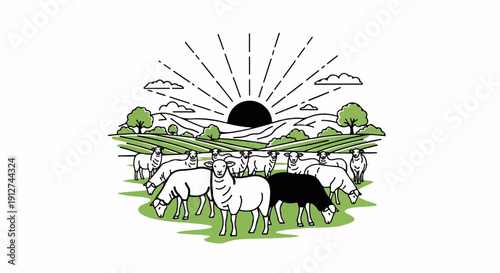 A flock of sheep grazes in a green pasture under a rising sun