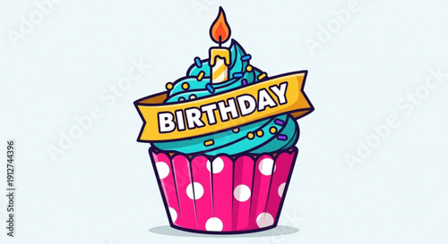 Colorful cupcake with blue frosting birthday candle and sprinkles in pink wrapper