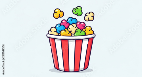 Colorful popcorn in a red and white striped bucket with pieces flying up fun movie snack