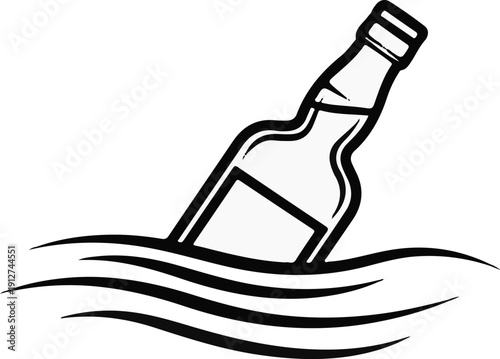 A glass bottle with liquid floats on wavy water