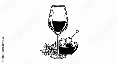 A glass of dark red wine sits beside a small bowl of olives