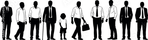 Silhouette set of diverse men in business suits and casual wear including a child and elderly man with a cane