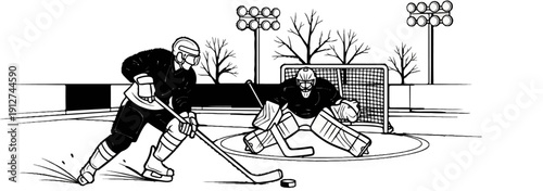 A goalie crouches defensively while a player skates forward with a stick