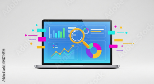 Laptop displaying data analysis with magnifying glass and charts on screen surrounded by colorful data visualization elements