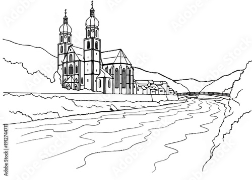 A grand church with twin towers sits beside a winding river and a bridge