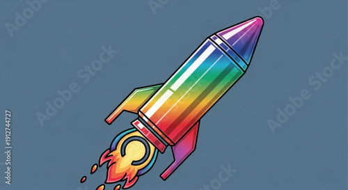 Colorful cartoon rocket ship blasting off into space with rainbow colors and flames