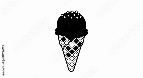 A hand-drawn black ice cream cone with white sprinkles, dripping down