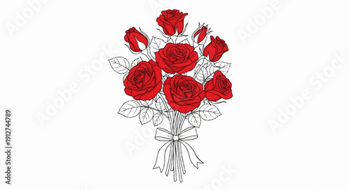 A hand-drawn bouquet of seven vibrant red roses tied with a white bow