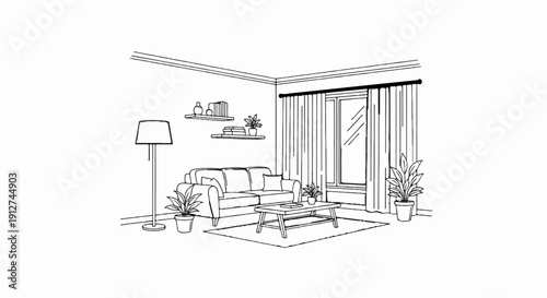 A hand-drawn sketch of a cozy living room with a sofa and coffee table