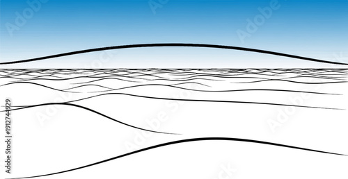 A minimalist, abstract landscape with wavy lines against a blue gradient sky