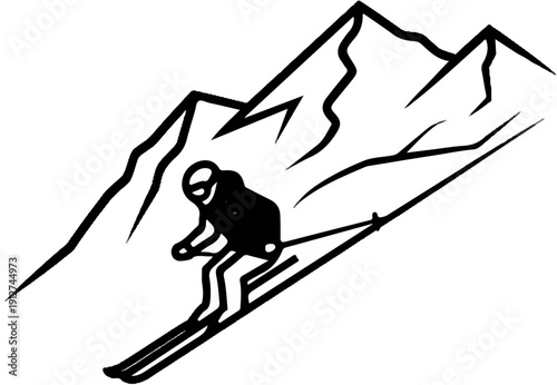 A minimalist black and white graphic of a skier descending a snowy mountain slope
