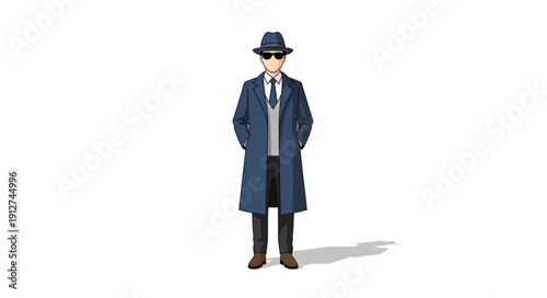 Man in Trench Coat and Hat Standing Against White Background.