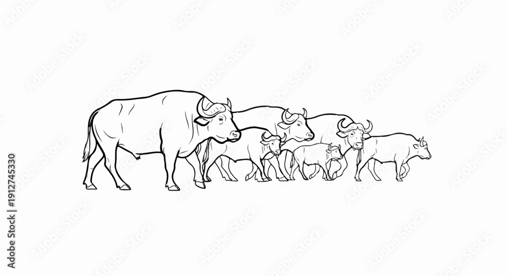 Obraz premium A herd of water buffaloes depicted in a linear black and white illustration