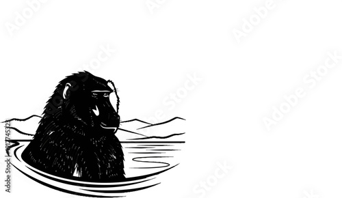 A primate with dark fur sits in water, looking to the side, with a distant mountain range
