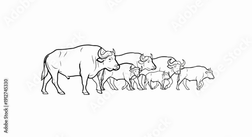 A herd of water buffaloes depicted in a linear black and white illustration
