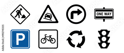 Road signs set for traffic guidance and warnings