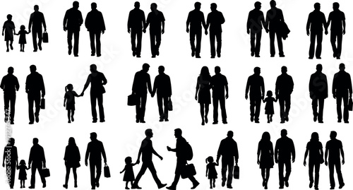 Silhouettes of diverse people walking including families with children gay and straight couples and men carrying bags for travel and lifestyle
