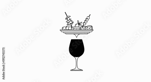 A minimalist illustration of a cheese and olive platter above a wine glass