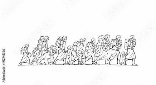 A procession of people of various ages, many carrying children, walk with backpacks