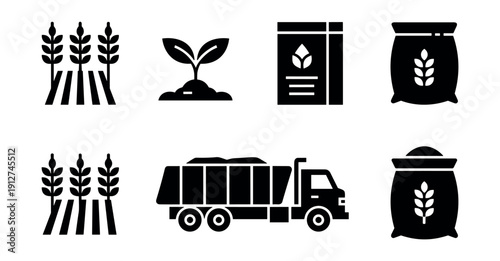 Agricultural black and white icons set