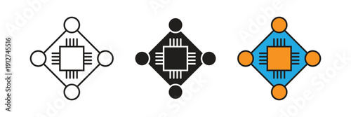 CPU with Network Nodes Vector Icon. illustration of a computer processor integrated with four network connection nodes, representing distributed computing systems and cloud data processing.
