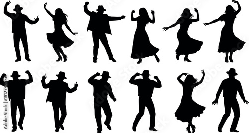 Silhouettes of Men in Hats and Women in Dresses Dancing Energetically in Various Expressive Poses Isolated on White Background Vector