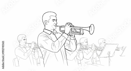 A group of musicians playing trumpets in an orchestra with one in front