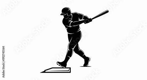 A silhouette of a baseball player in mid-swing, from batter's box