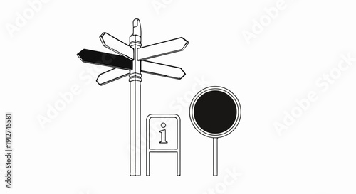 A signpost with directional arrows, an information sign, and a blank round sign