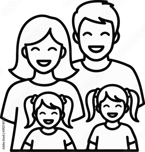 A joyful family of four, two parents and two daughters, depicted in simple line art