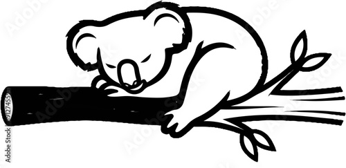 A minimalist line drawing depicts a sleeping koala resting on a tree branch