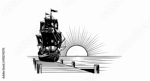 A silhouette of a large sailing ship at a dock as the sun rises