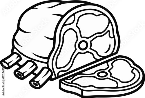 A raw meat cut with bones, including a separated slice.