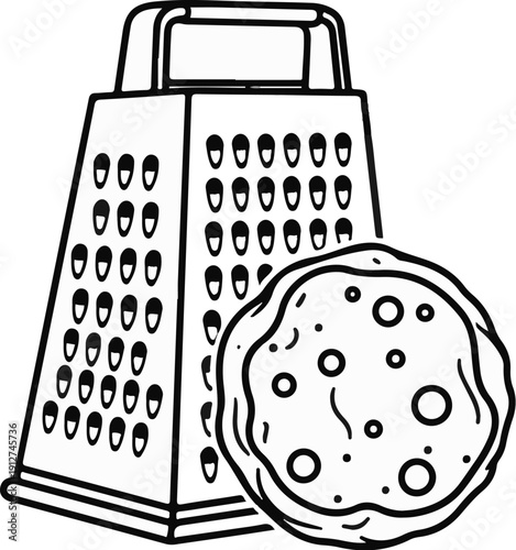 A kitchen grater next to a round, perforated object, line art
