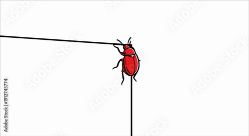 A red beetle with black outlines is attached to a thin black line