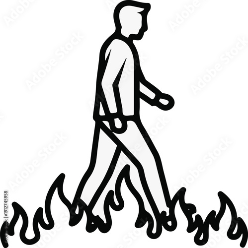 A silhouetted person walks through stylized flames