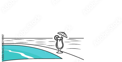 A refreshing drink with a lemon slice and umbrella sits by a pool on a sunny day