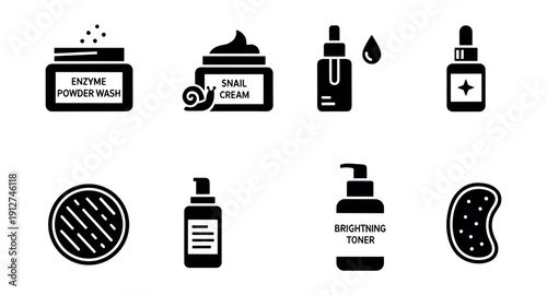 Skincare products black and white icons set