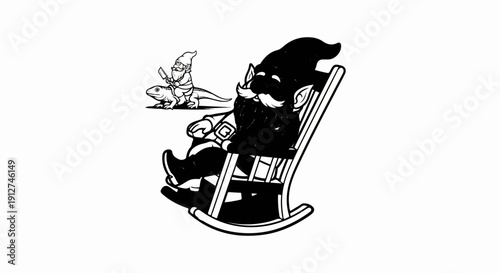 A relaxed gnome in a rocking chair and a gnome riding a lizard