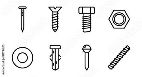 Construction and DIY fasteners line icons set