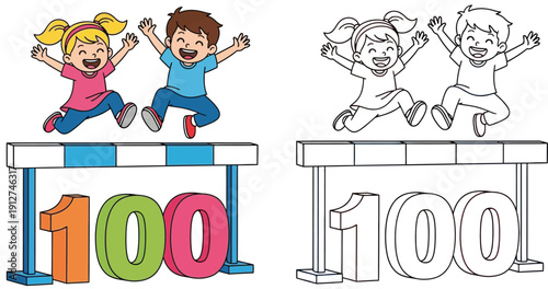 Happy Cartoon Children Leaping Over the 100th Anniversary of Educational Milestones Adorable Children's Illustration in Color and Line Art Version