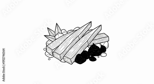 A sketch of stacked wood sticks with dark nuggets and pointed leaves