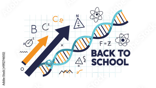 Back to school illustration with educational icons including a DNA helix, atoms, math formulas, and growth arrows.