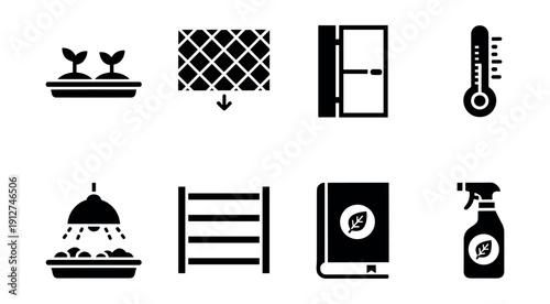 Gardening and plant care black and white icons set